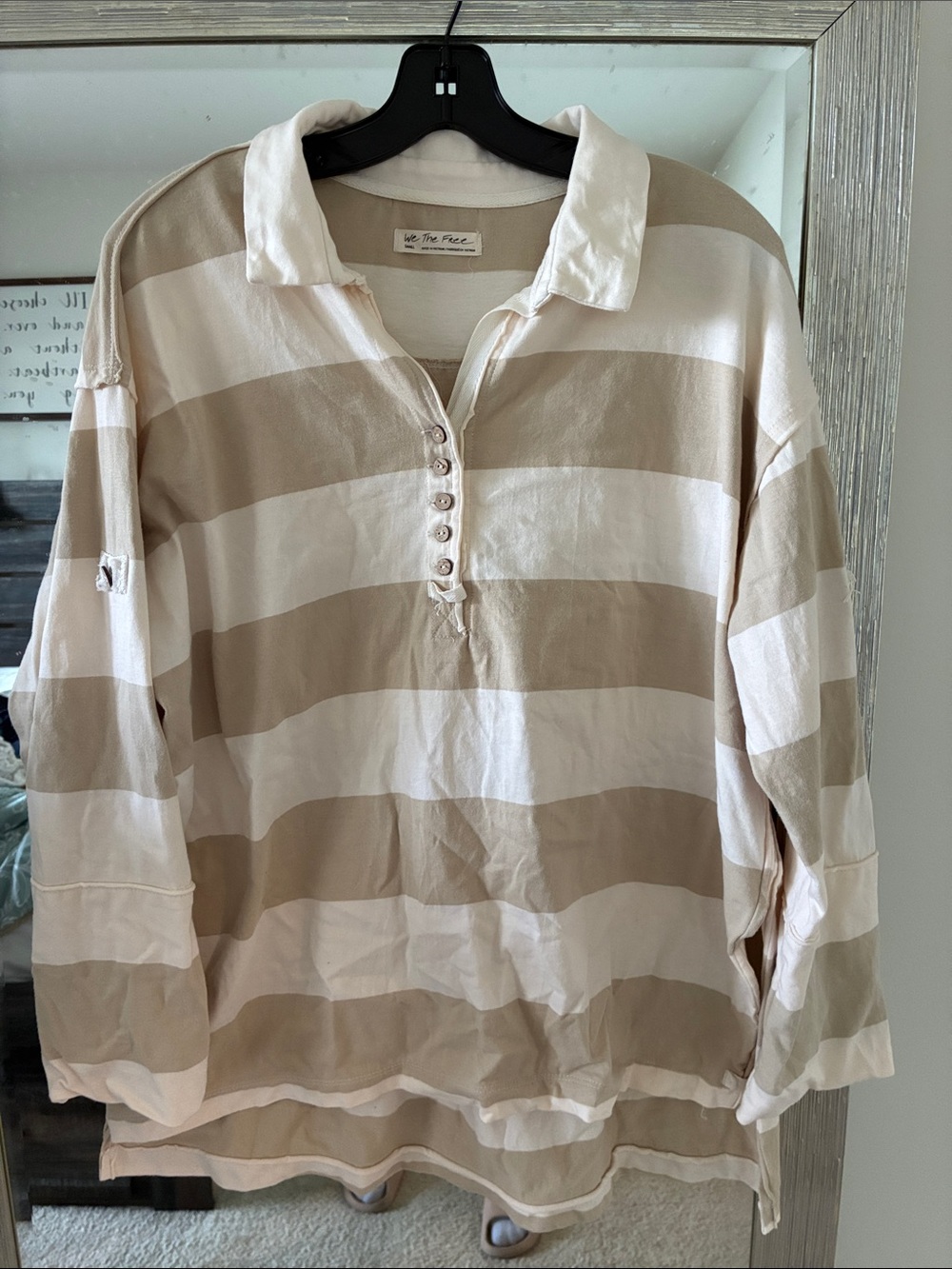 Free People Beige Rugby White Striped Polo Shirt